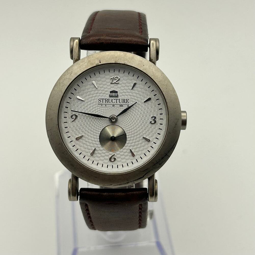 Vintage Structure Textured White Dial Brown Leather Strap Watch Working